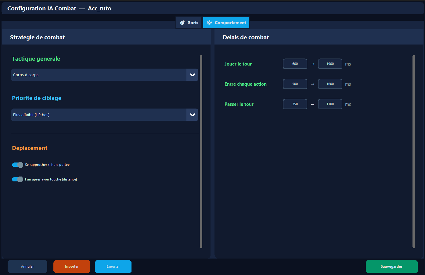 Configuration IA Combat — Comportement
