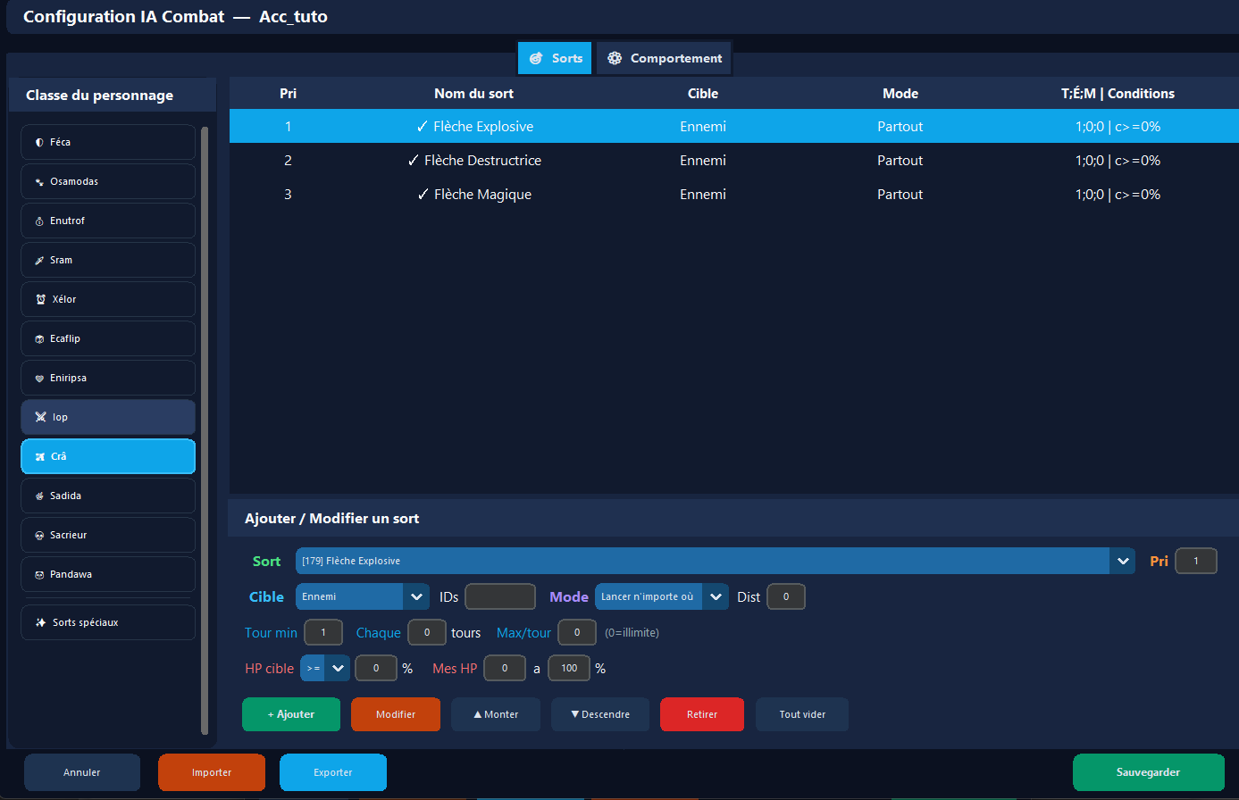 Configuration IA Combat — Sorts