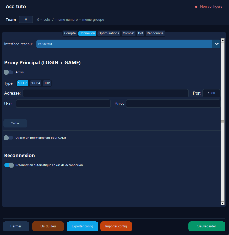 Onglet Connexion (proxy)