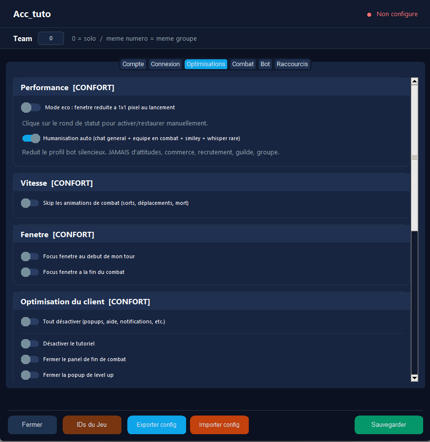 Onglet Optimisations